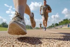 A person running on a track with their shoes on photo