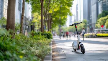 A scooter is parked on the side of the road photo