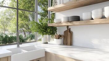 A kitchen with a sink and shelves photo