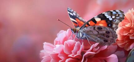 A butterfly is sitting on a pink flower photo