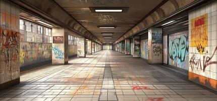 A long hallway with graffiti on the walls photo