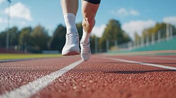 A person running on a track with their feet on the ground photo