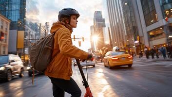 A person riding a scooter down a city street photo