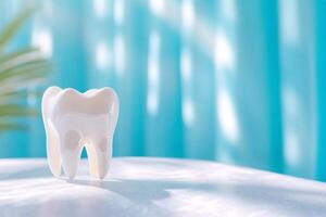 A tooth on a table with blue curtains photo