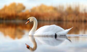 A white swan swimming in a lake with reeds photo