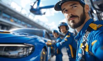 A man in a blue uniform is standing next to a blue car photo