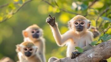 A group of monkeys sitting on a tree branch photo