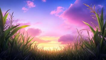 A field of grass and sky at sunset photo