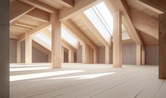 An empty room with wooden beams and skylights photo