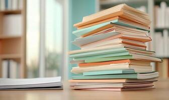 A stack of books on a table in front of a window photo