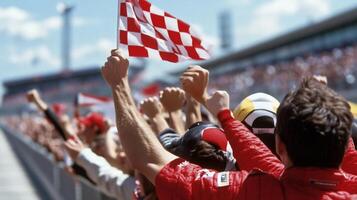 A crowd of people holding up a checkered flag photo