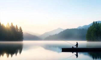 A man fishing on a dock in a lake with mountains in the background photo