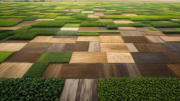 An aerial view of a field with green grass and wooden blocks photo