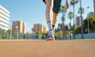 A person running on a track with their shoes on photo