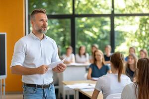 A man standing in front of a classroom with students photo