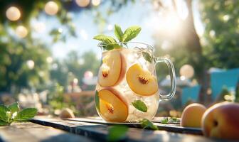 A pitcher of peach and mint tea on a table photo