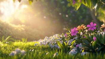 A beautiful field with flowers and trees photo