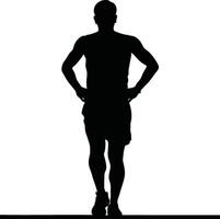 Runner Silhouette Front. A bold black silhouette of a runner facing forward in a confident standing pose, hands on hips vector