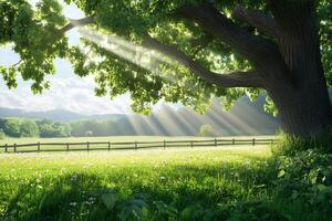 A tree and grassy field with sun rays shining through photo