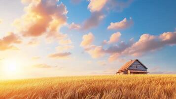 A small house in a wheat field at sunset photo