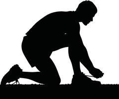 Runner Silhouette Front. A detailed silhouette of a runner tying shoelaces on one knee before a race vector