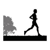 Runner Silhouette Front. A silhouette of a solo runner in nature, with trees faintly visible in the background vector