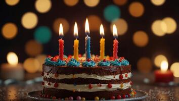 Birthday cake with candles on blurred bright celebrating background, with copy space, vertical backdrops. photo