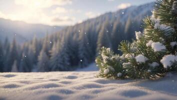 Happy holidays and Happy New Year on winter landscape with snowflakes and pine forest background. photo