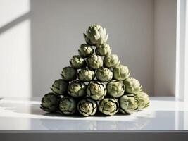 Fresh artichokes stacked together on a white surface. photo