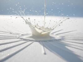 Milk splatter on a white surface captured in a dynamic burst of liquid. photo