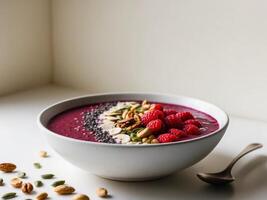 Healthy berry smoothie bowl topped with nuts and seeds in a bowl. photo