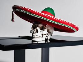 A skull is sitting on a table with a sombrero on top of it. photo