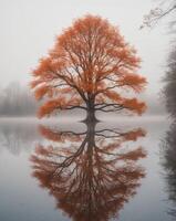 A tree is reflected in a lake on a foggy day photo