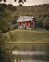 A small cabin sits on top of a hill by a lake photo