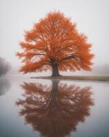 A large tree with orange leaves is reflected in a pond photo