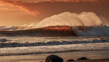 A large wave crashing into the ocean at sunset photo