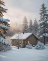 A cabin in the snow with trees and snow photo