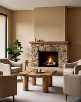 A living room with a stone fireplace and chairs photo