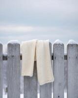 A pair of white gloves on a fence in the snow photo