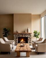 A living room with a stone fireplace and two chairs photo