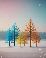 Colorful trees in the snow with snowflakes photo