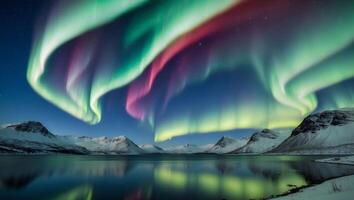 The aurora borealis is seen over a lake in the mountains photo