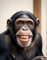 A charismatic chimpanzee sporting a beard is grinning cheerfully for the camera photo