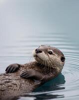 A curious otter floating on its back on a water blue background photo