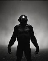 Silhouetted Primate Gazing Upwards In Darkness photo