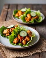 Two plates with lettuce wraps with chicken and cucumbers photo