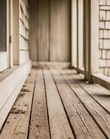 A wooden porch with a window and a door photo
