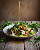 Fresh Vegetable Salad on Rustic Table with Olive Oil and Herbs photo