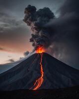 Erupting Volcano at Dusk with Fiery Lava and Dramatic Clouds photo