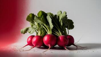 Fresh red radishes with green tops soil dusted vibrant gradient from red to white photo